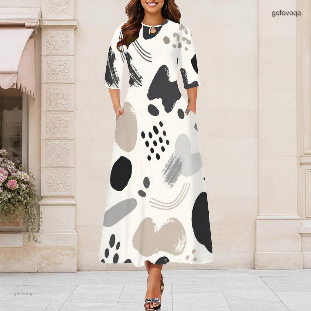 Women Plus Size Keyhole Neck 3 4 Sleeve Abstract Print Long Maxi Dress