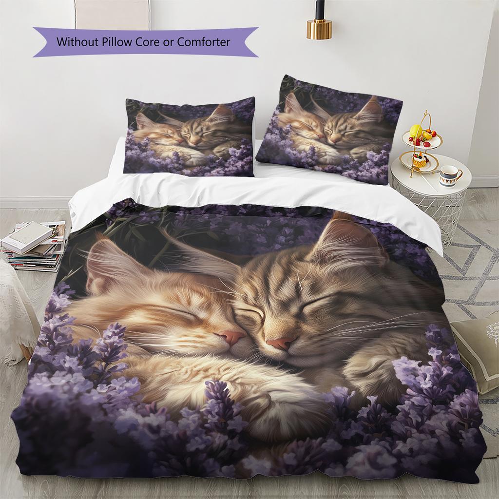 Maine Coon and Flowers Pattern Bedding Home Decoration Birthday Gift (1 * Duvet Cover + 2 * Pillowcase, Without Core)