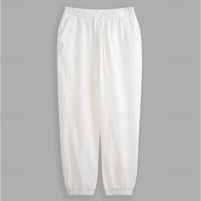 Cotton and Linen Nine Cropped Pants Beach Pants Pocket Drawstring Elastic Waist Solid Color Comfortable and Breathable  Men’s Casual Pants