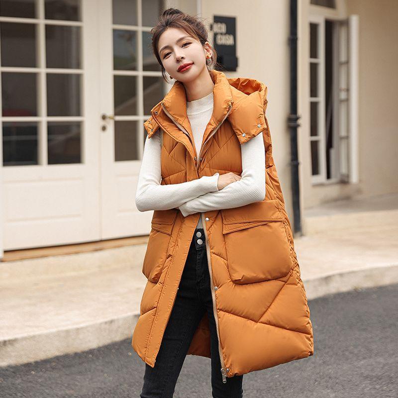 Women's Casual Long Down Cotton Vest Windproof Parka Hooded Overcoat Cold Warm Waistcoat