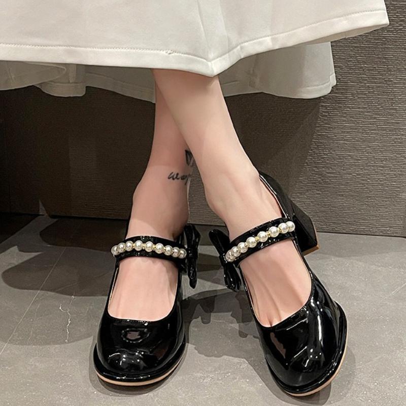 

Platform Beads Bowknot Dating Shoes Spring Black Single Shoes Women Janes Pumps Round Toe Block Heels 35 чёрный