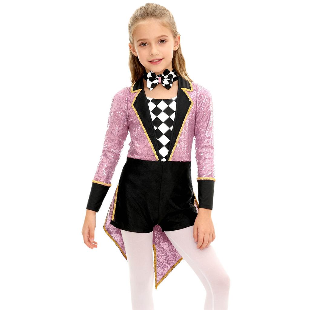 Unisex Kids Circus Magician Costume Long Sleeve Sequins Checkerboard Tailcoat Bodysuit Bow Tie Cosplay Outfit