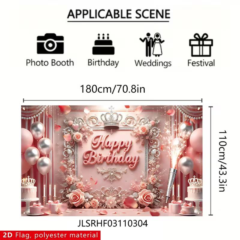 2D Princess Birthday Background Cloth, Pink Balloon & Rose Tapestry