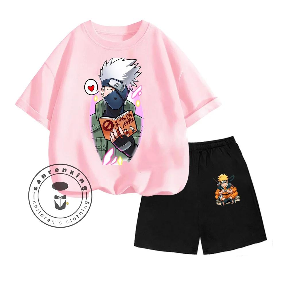 Unique NARUTO Animated Cartoon Character Vertical Print Design O-neck Skin-friendly Short Sleeve and Shorts Kids Two-piece Set