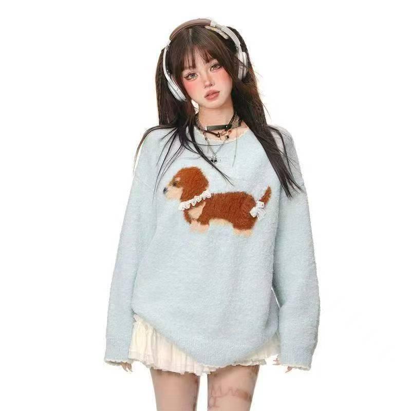 

Autumn 2025 Cute Puppy Embroidered Round Neck Sweater - Trendy Fashion Knitwear One Size синій