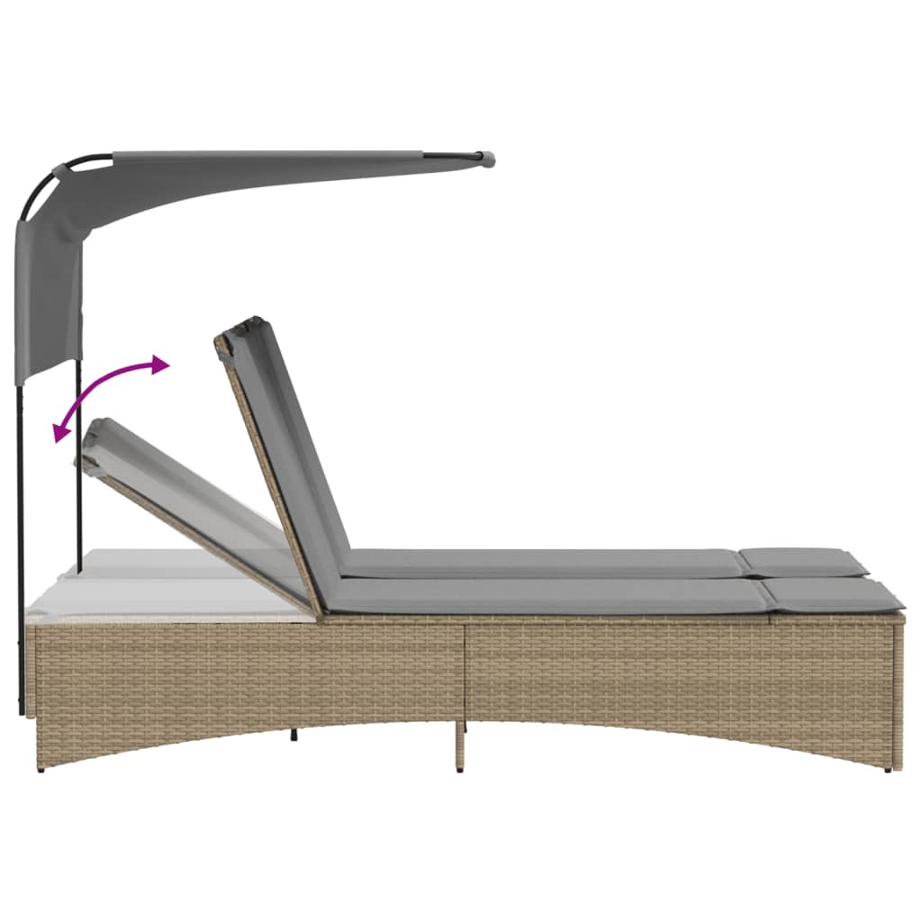 Double Sun Lounger with Canopy and Cushions Beige Poly Rattan