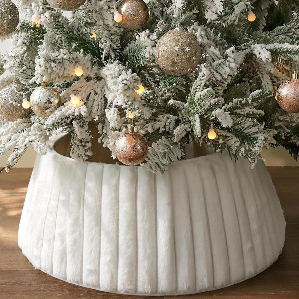White Christmas Tree Collar Plush Tree Skirt Protector Base for Indoor Outdoor Farmhouse Home Holiday Party Decoration