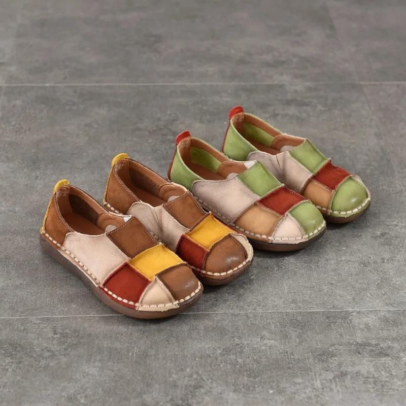 Johnature Retro Genuine Leather Mixed Colors Soft Soled Slip-on Shoes Versatile Round Toe Flat Shoes