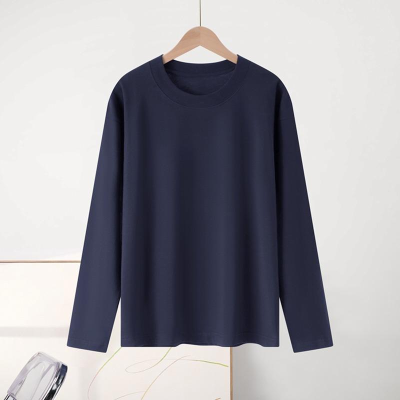 Minimalist Interior Base Shirt for Women, Autumn Long Sleeved Pure Cotton Shoulder T-shirt for Men, Round Neck Solid Color Couple's Clothing