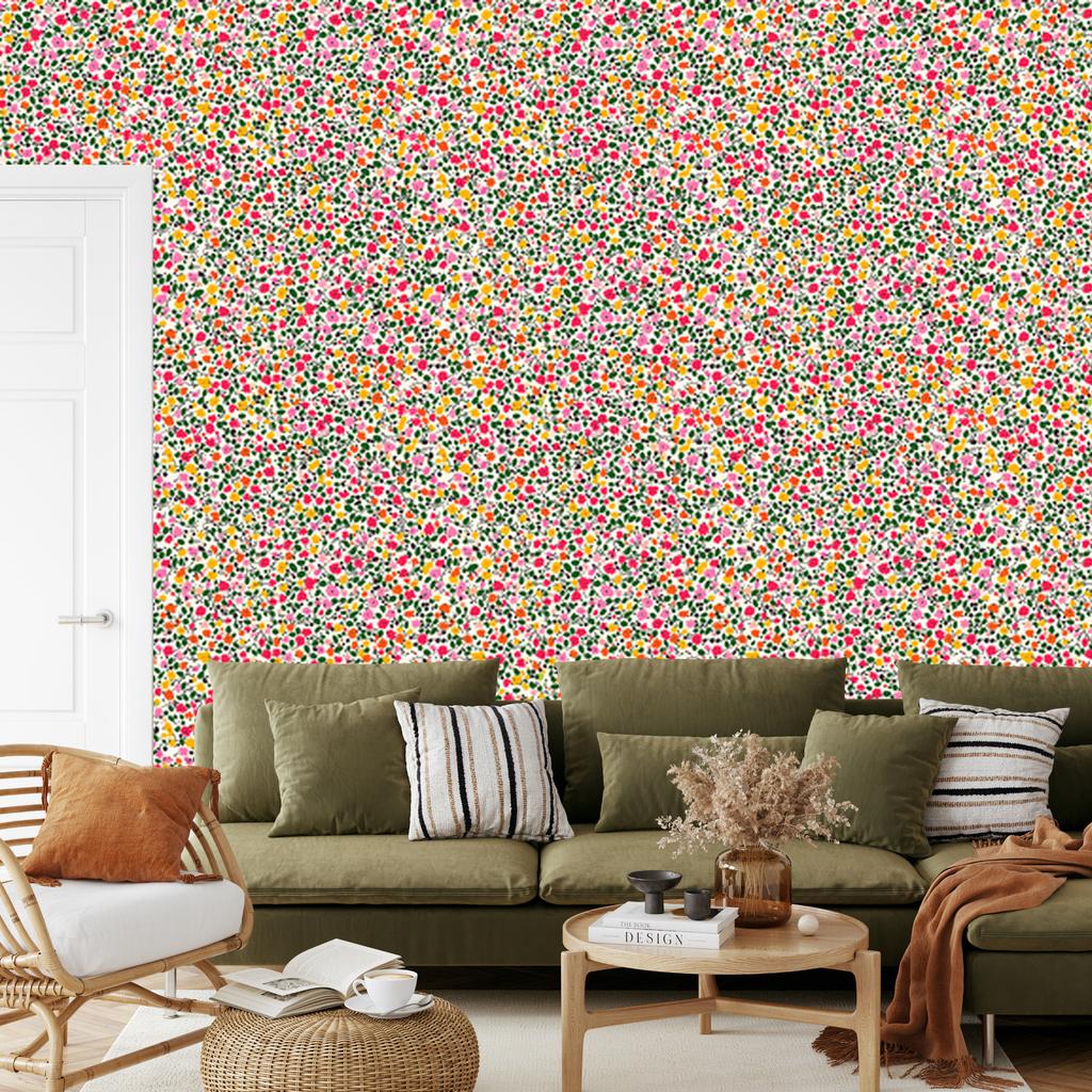 Wallpaper Small Flowers Beige, Green and Coral for Living Room and Bedroom 50x1000