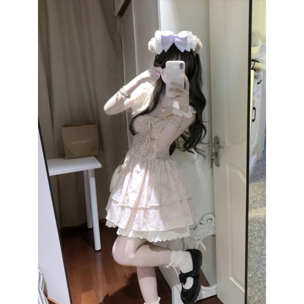 Koreanische Kleidung blaues Blumen-Latzkleid Damen klein Sommer schönes bauschiges kurzes Kleid Prinzessinnen-Kuchenkleid