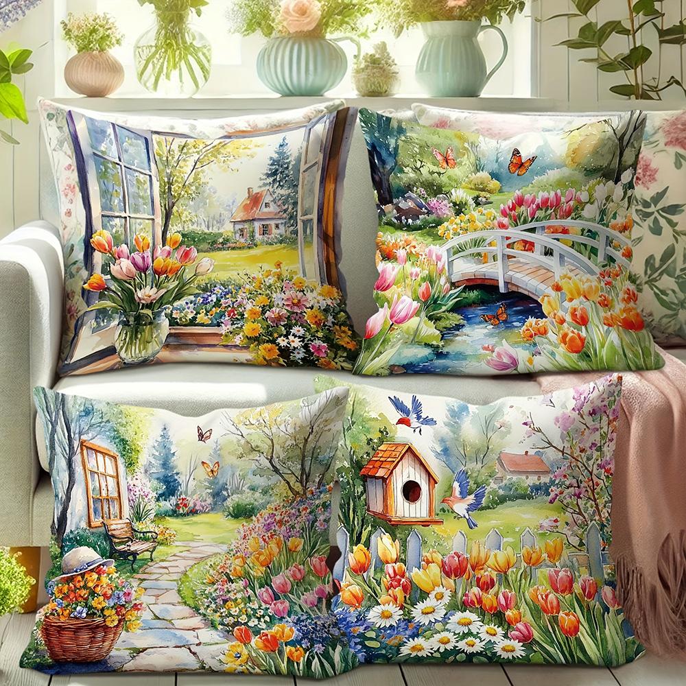 1/4pcs 2D Flat- Watercolor Spring Cottage Garden Throw Pillow Cover Home farmhouse outdoor decoration cushion cover