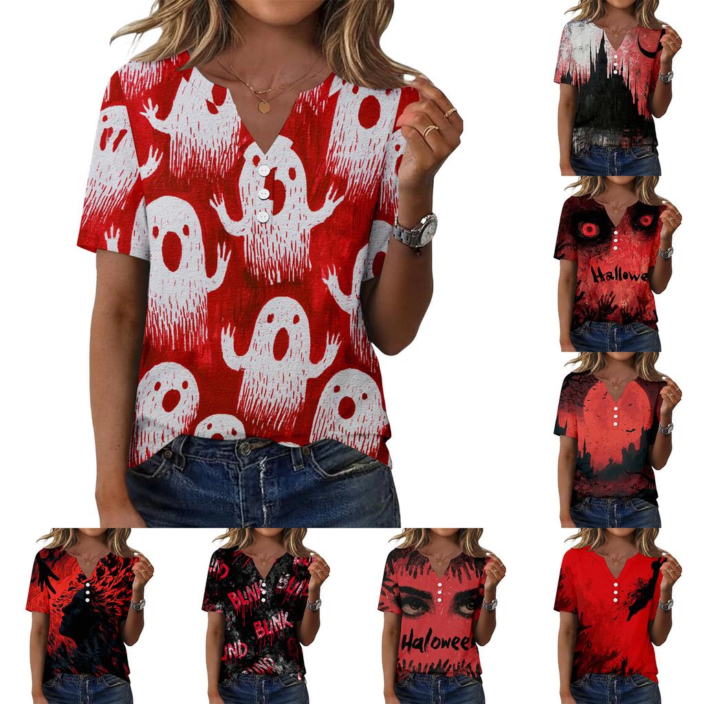 Women's Casual Halloween Printed V-Neck Short Sleeve Button Front T-Shirt