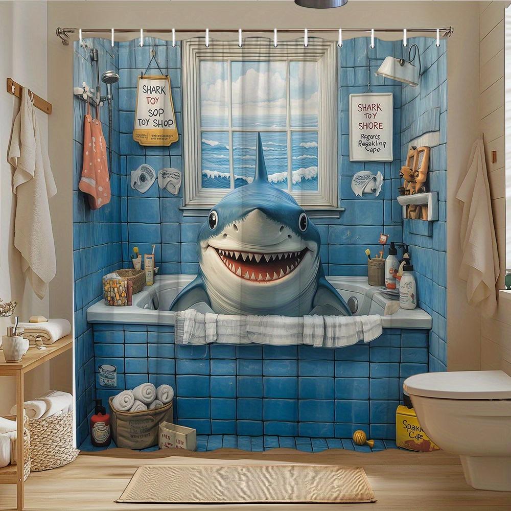 

1Pc Cartoon Shark Shower Curtain Funny Animal Print Bathroom Decor Modern Fashion Bathtub Curtain With 12 Hooks W60H190(CM)-1 Pcs