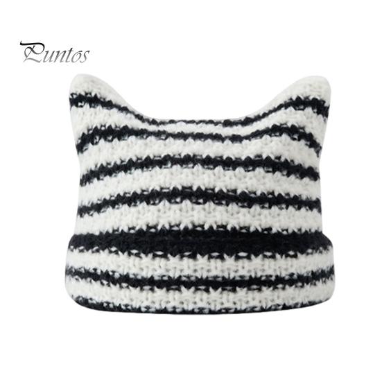 

Зимняя женская шапка-кошечка с контрастными полосками и звездами, меховой шарик, декор в виде демона, ветрозащитная эластичная противоскользящая теплая шапка чёрный
