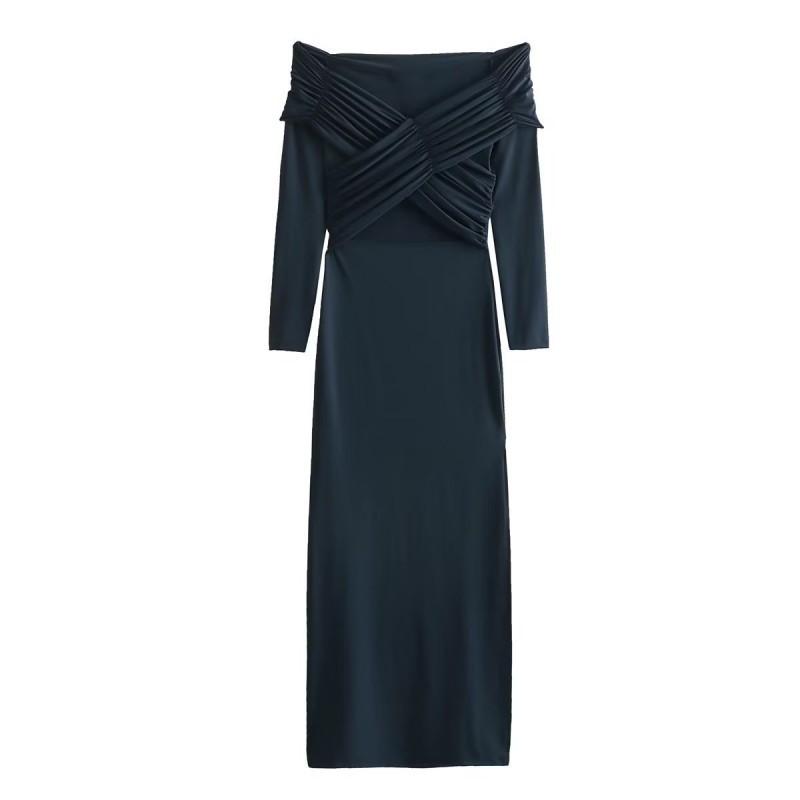 

European American Women s Clothing Fashionable Temperament Pleated Decoration Slim Long-sleeved Dress S