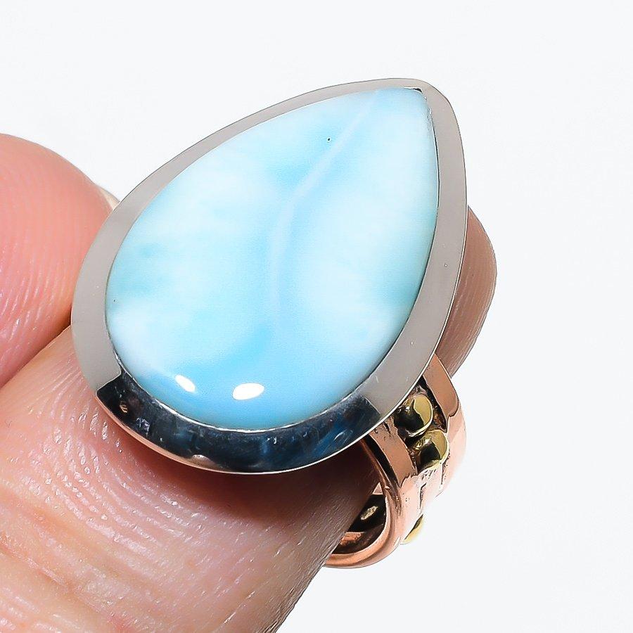 Natural Larimar Gemstone 925 Solid Sterling Silver TwoTone Gift Ring S.8 a5I27
