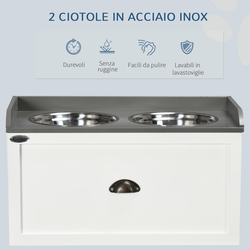 Raised Stainless Steel and Wood Dog Bowls with Drawer, 60x30x36cm, White and Grey