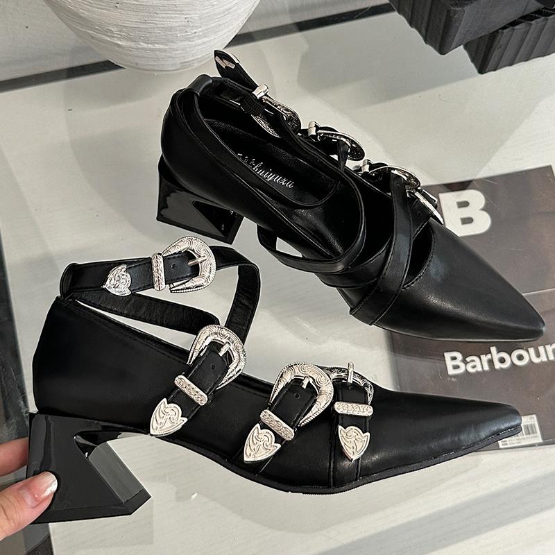 

Fashion Female New 2025 Footwear Heels Women Pumps Shallow Shoes Pointed Toe Fashion Metal Buckle Strap Ladies Thick Heels Shoes 35 чёрный