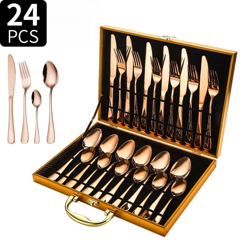 24PCS Stainless Steel Metal Cutlery Knife Fork Spoon Set with Storage Gift Box Quality Cutlery Set for Home Restaurant Tableware