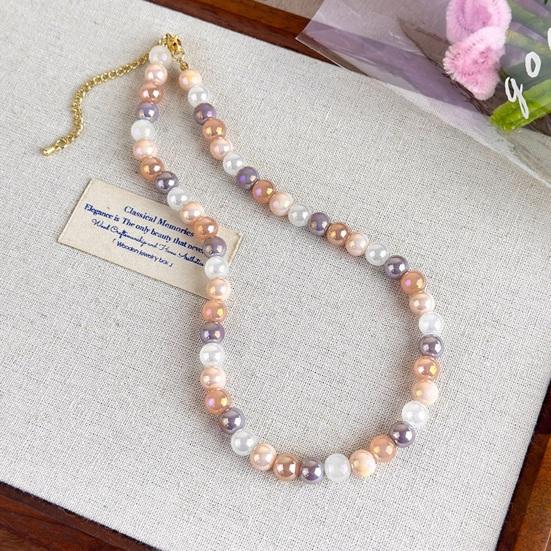 Colorful Beaded Choker Pearlescent Round Bead Necklace Boho Beaded Necklace Jewelry for Women Holiday Summer Beach Vacation