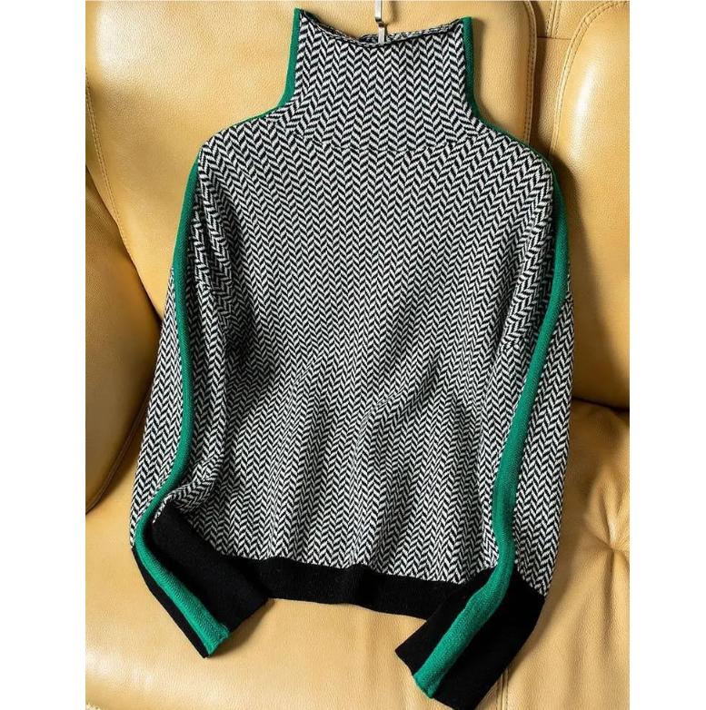 Winter Women's Turtleneck Sweater Warm Pullover Commuter Elegant Loose Casual Women's Retro Contrast Color