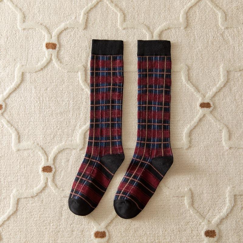 Harajuku Retro Karierte Damensocken Frühling Herbst Baumwolle Kniehohe Socken für Mädchen Damen Weich Atmungsaktiv Schlank Lange Röhrensocken Neu