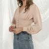 Ladies Elegant Blouse Lantern Long Sleeve Tops V Neck Crop Top Fashion Shirts Women Button Down Blouses