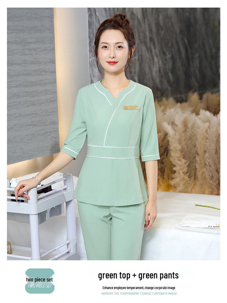 Women's Summer Beauty Salon Uniform Set - 7-Sleeve Foot Bath Technician Outfit