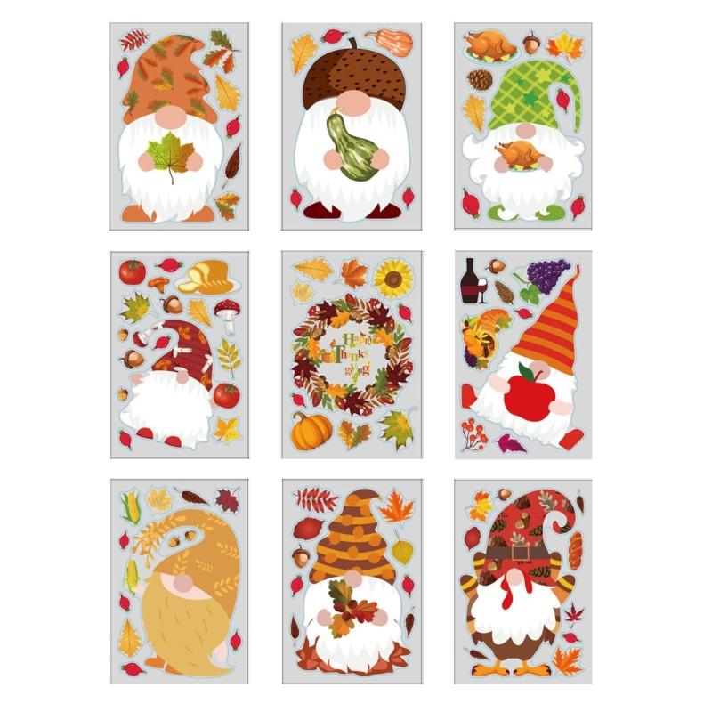 9 Sheets Thanksgiving Day Adhesive Electrostatic Stickers Decorations Decal Maple Leaf Larch Fruits Party Supplies