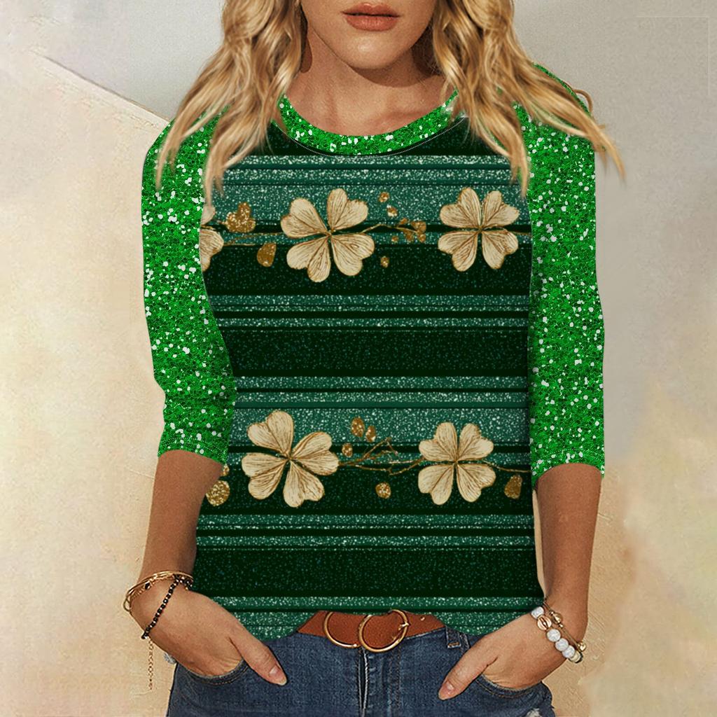Frauen St. St. Patrick's Day Print Rundhals Dreiviertelarm Oberteil