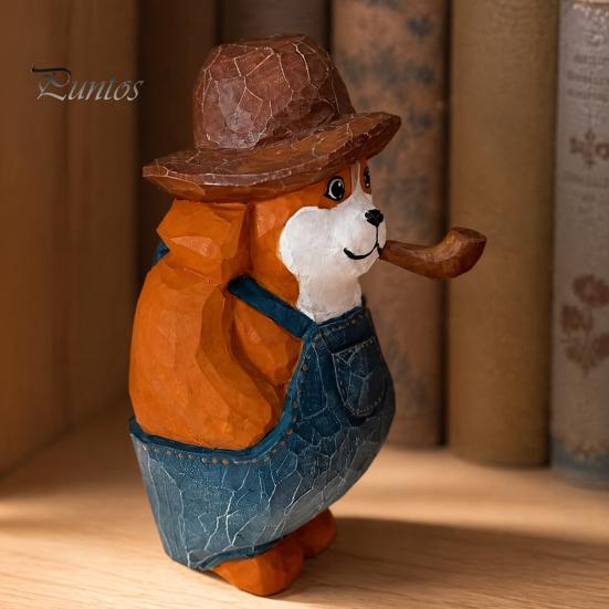 Western Cowboy Dog Figurine Style Pipe Puppy Figurine, Hand Carved Basswood Unique Painted Craft Gift Statue, Compact Ornament for Home Office Desktop