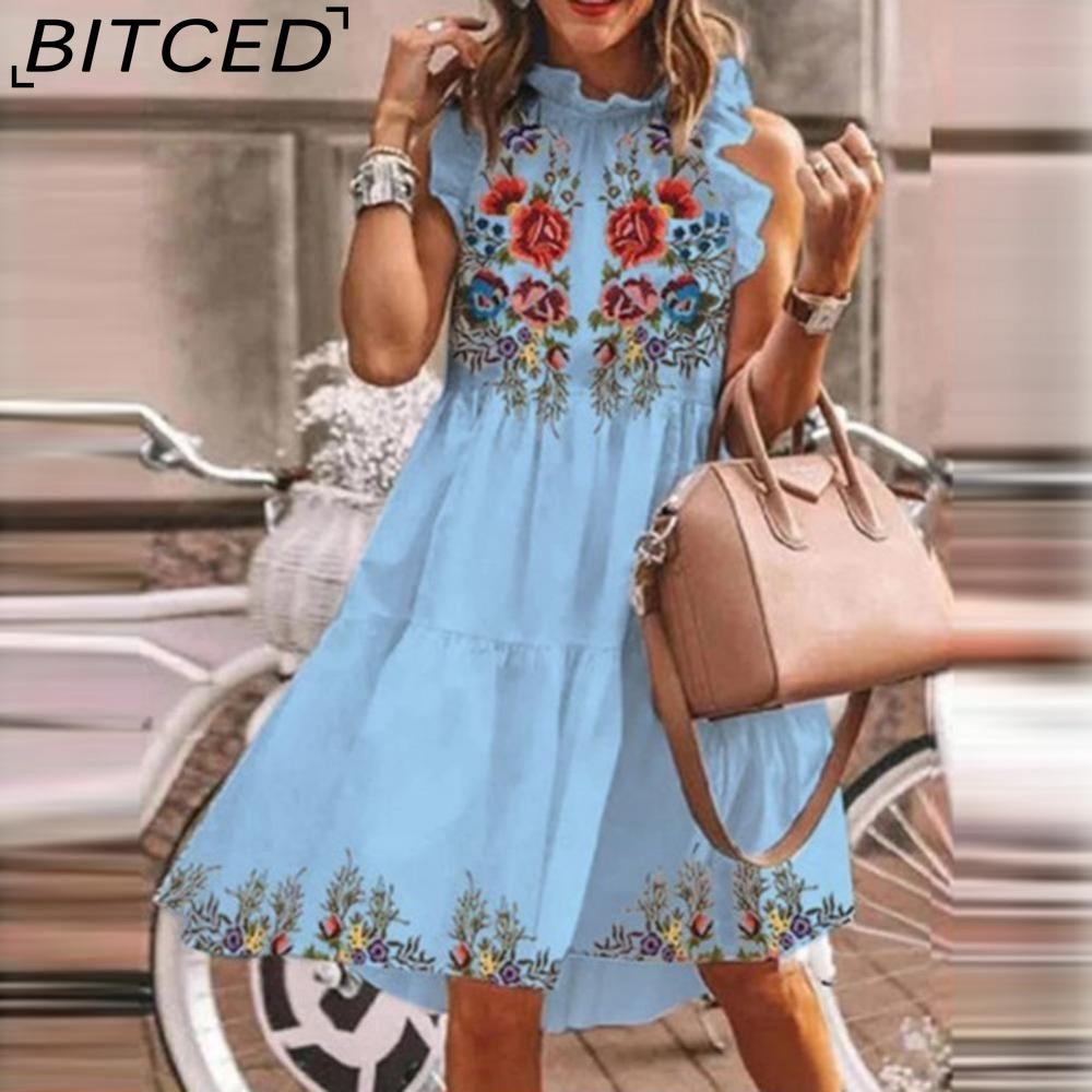 BITCED Women Floral Print Dress Loose Streetwear Knee Length Sleeveless Ruffle Party Dress S-3XL
