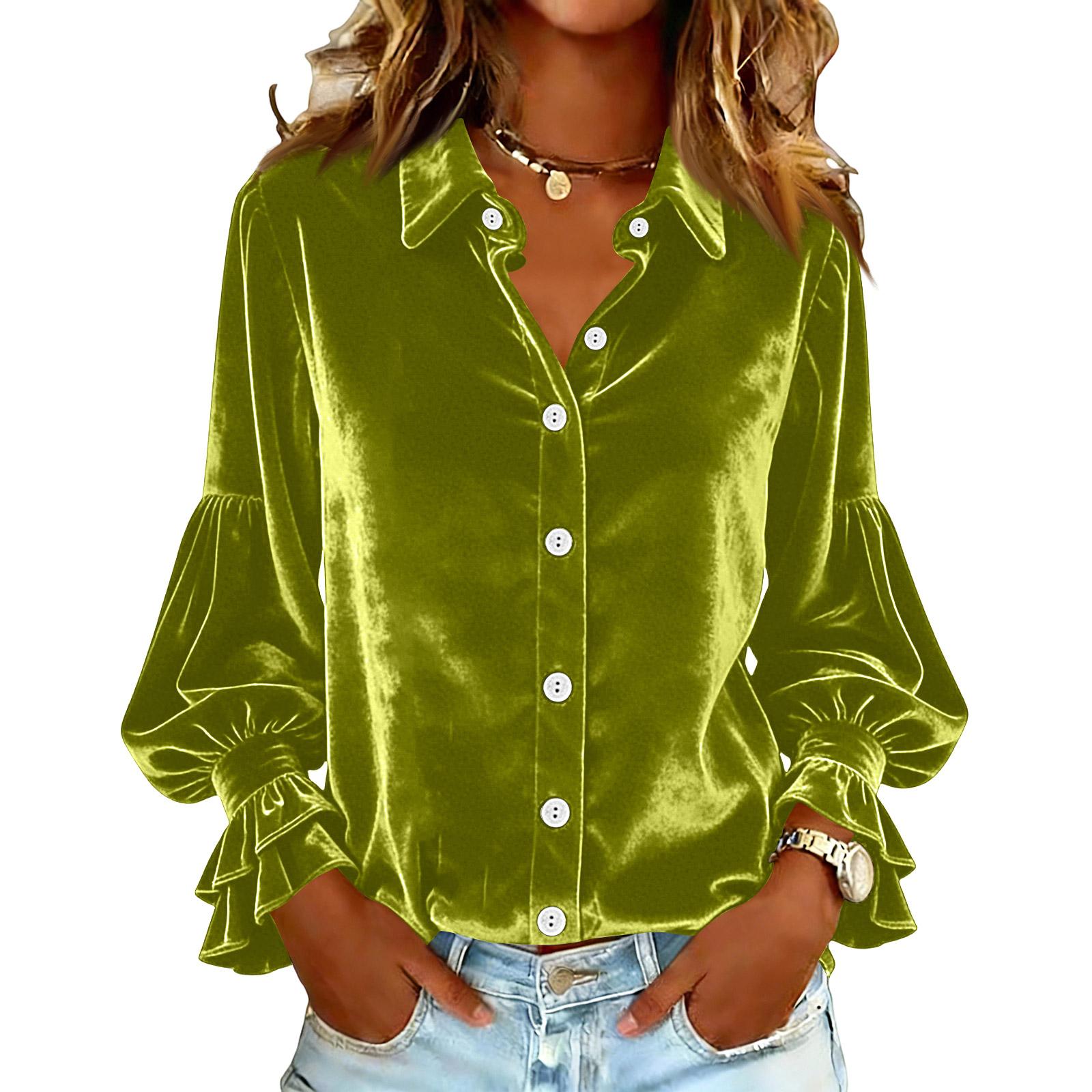 

Women s Fashionable Casual Gold Velvet Button-down Shirt Long Sleeve L зелений