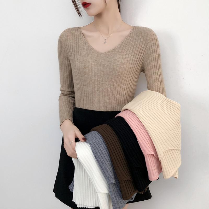 Autumn and Winter V-neck Knitted Sweater for Women Fashion Slim Fit Long Sleeve Base Pullover Sweaters Tops Ladies Elegant Solid Woman Knitwear 24978