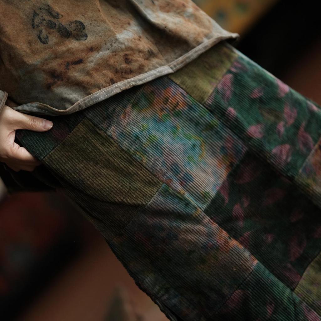 Luo Gu Ni Retro Artistic Corduroy Patchwork Skirt - Green