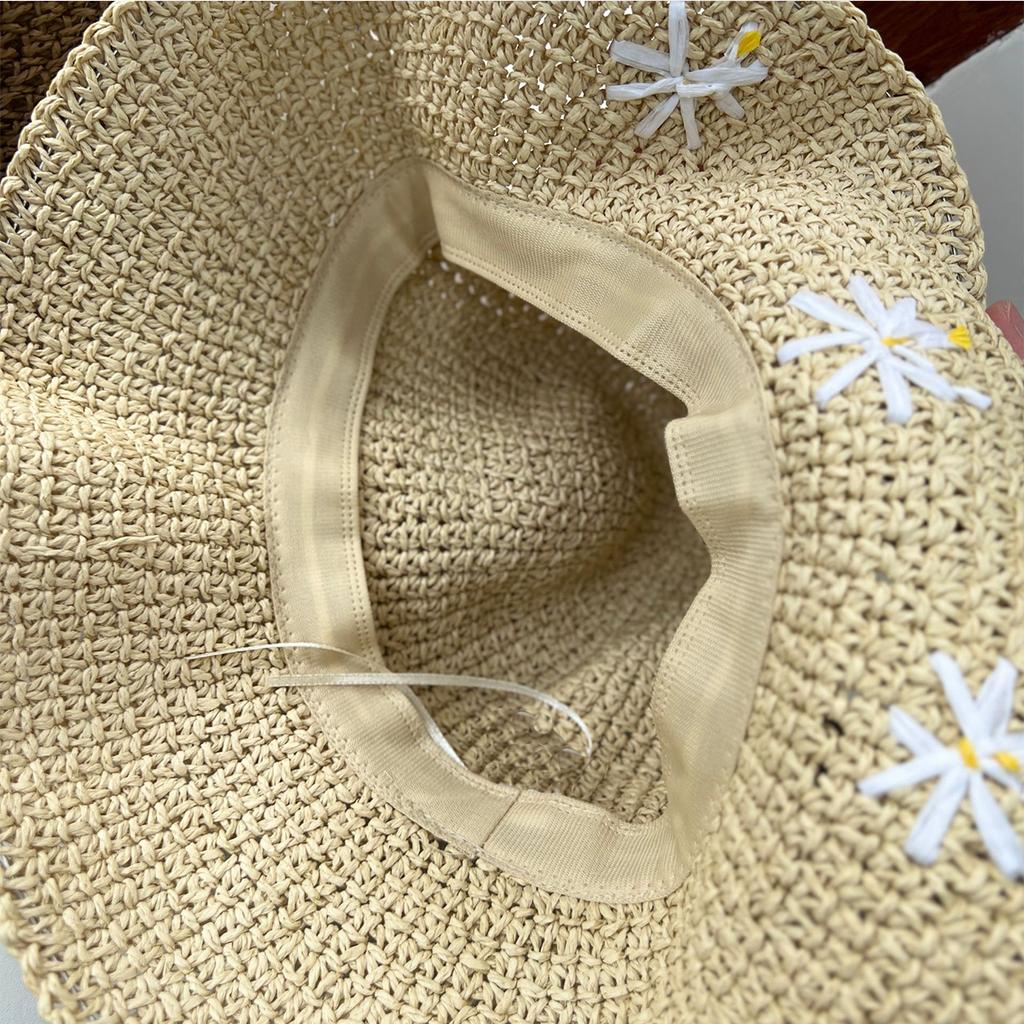 Summer Crochet Straw Hat For Women Sweet Flower Embroidered Bucket Foldable UV Protection Beach Panama Sunshade Caps