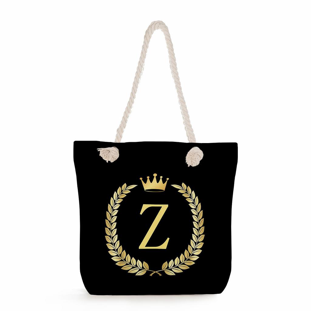 Black letters on a black background print thick rope single-shoulder beach bag 7289 CLE
