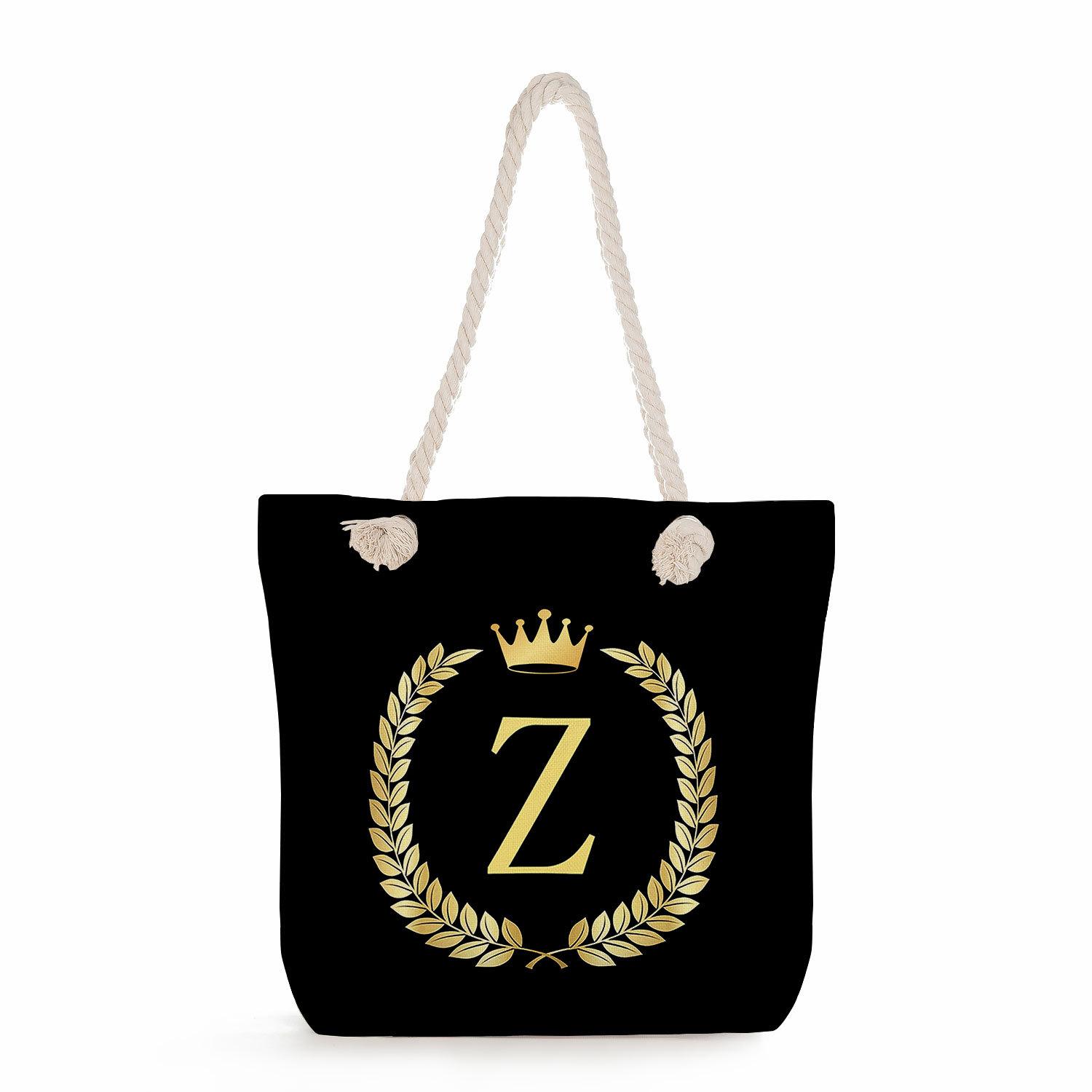 Black letters on a black background print thick rope single-shoulder beach bag 7289