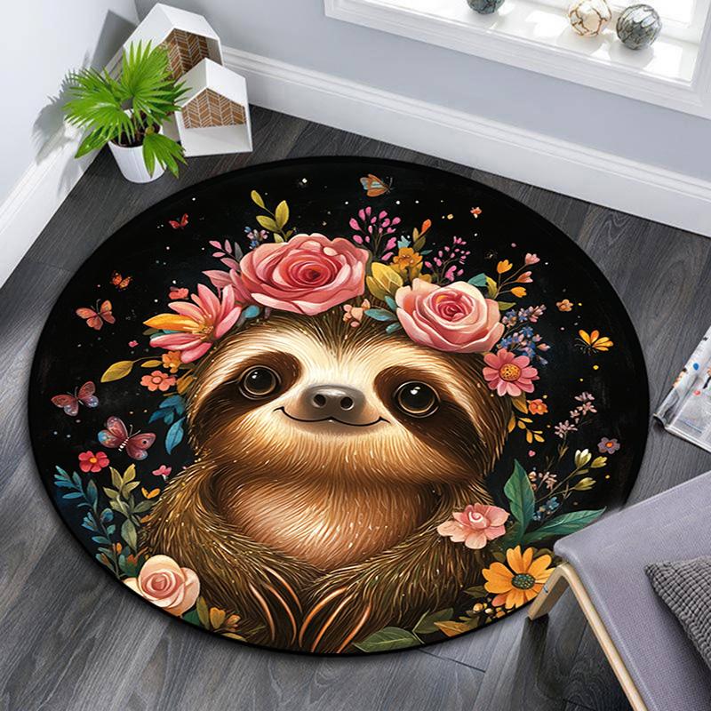 Sloth Round Area Rug,Carpet Rug for Living Room Bedroom Sofa Playroom Decor,Non-slip Floor Mat
