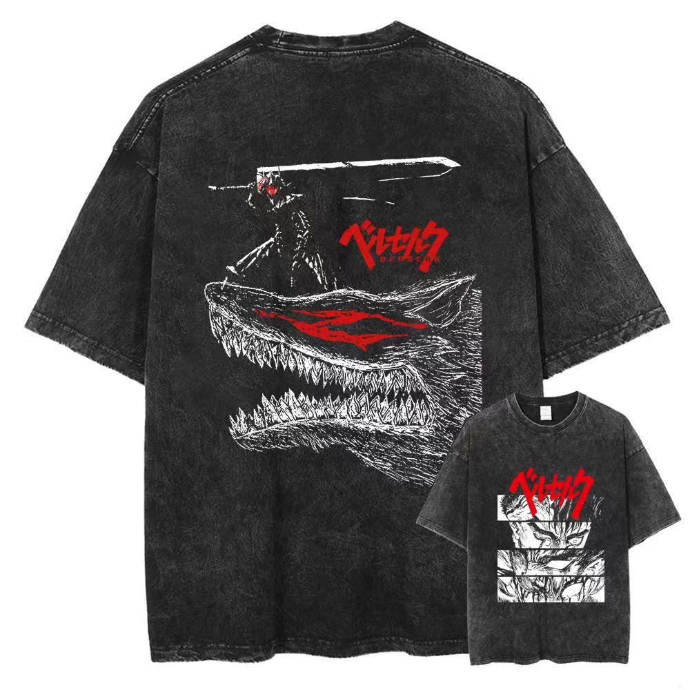 Berserk Print T-shirt Men Women Washed Vintage Japan Anime Oversize Streetwear Harajuku Summer Short Sleeve Tshirt Cotton Tops