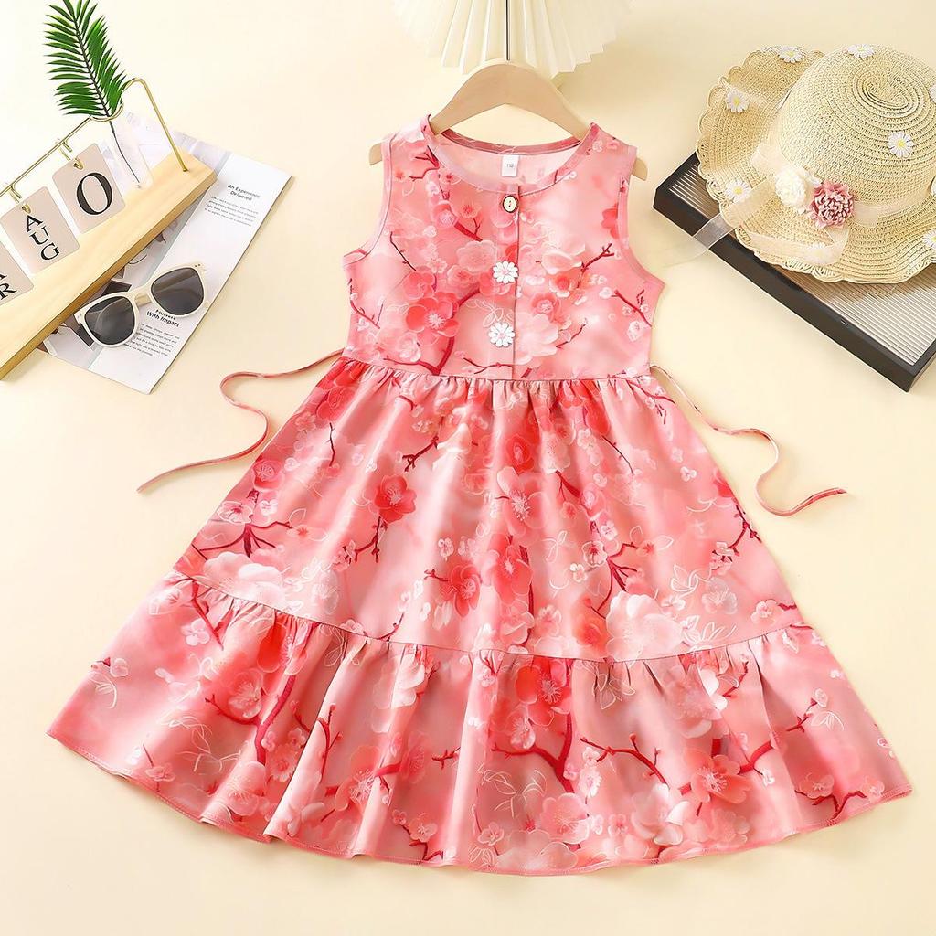 3D Floral Princess Strappy Midi Dress for Girls - Summer Beach Style