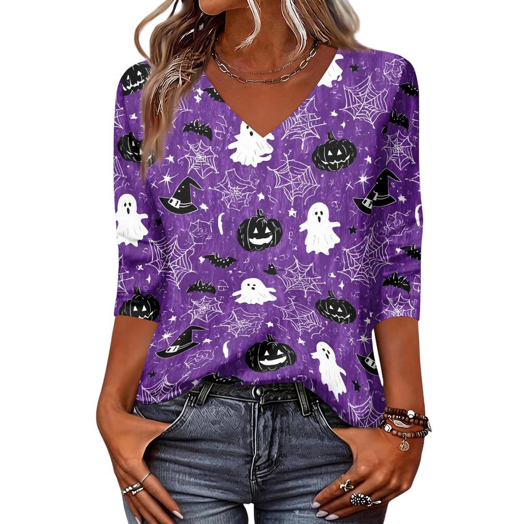 Damen Freizeit Halloween Aufdruck V-Ausschnitt Dreiviertelarm Oberteil Leicht Bequeme Passform Stilvolles Design für den Alltag