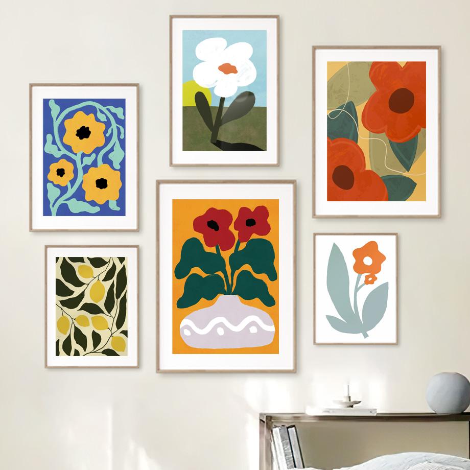 Retro Flowers Vase Leaves Gallery Colorful Funky Poster And Prints Wall Art Canvas Painting Wall Pictures For Living Room Decor