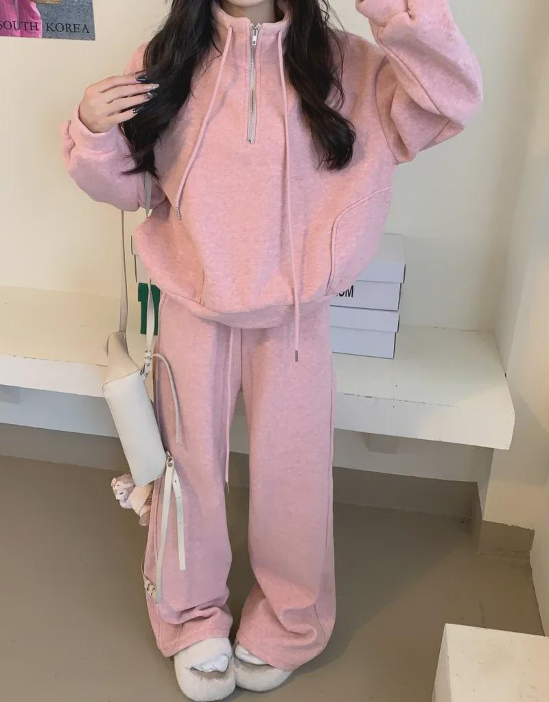 Koreanischer Damen-Freizeitanzug: Verdickter lockerer Mantel & Hochtaillierte weite Mopping-Hose – Perfekt für Frühling & Herbst.