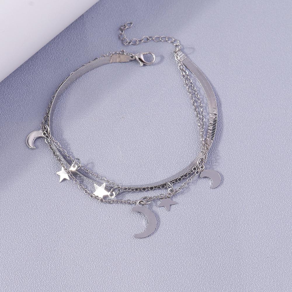 New Silver Color Anklets for Women Girls Multiple Layers Moon Star Ankle Bracelet Chain Foot Jewelry Gift