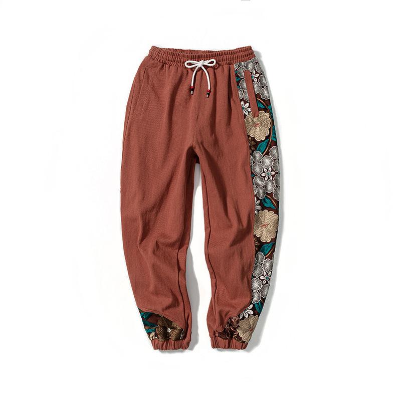 Men's Fall and Winter Loose Casual Pants Embroidered Retro Mid-waist Color Collision Tie Cord Pants