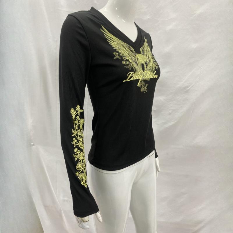 European and American Spring Dark Style Slim Fit V-neck Printed Temperament Long Sleeved Top Women's Clothing