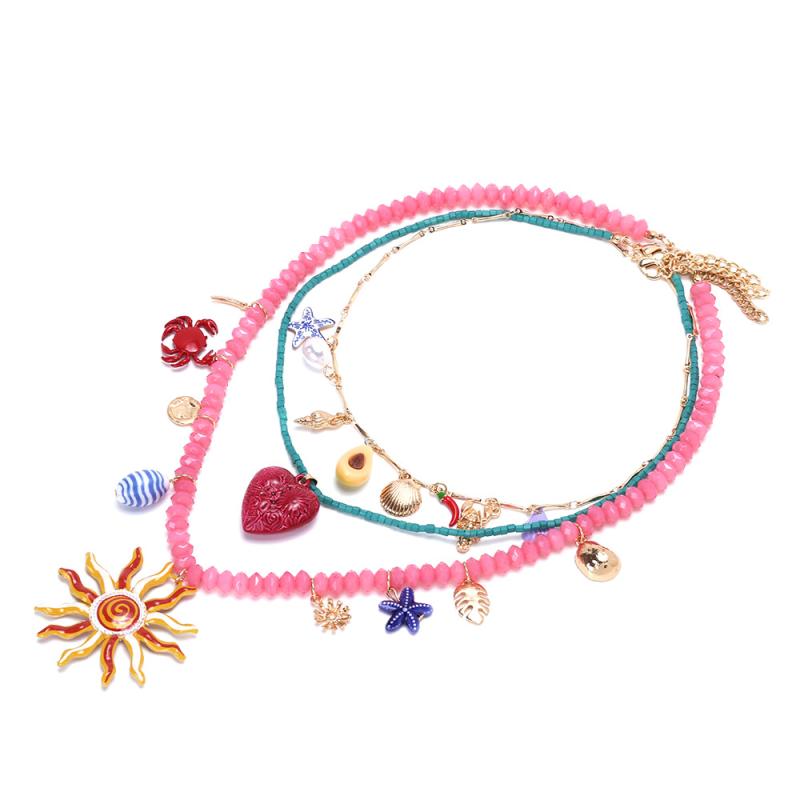 3Pcs/Set  Colorful Resin Beaded Charms Necklaces For Women Summer Ocean Vacation Style Party Jewelry Neck Accessories