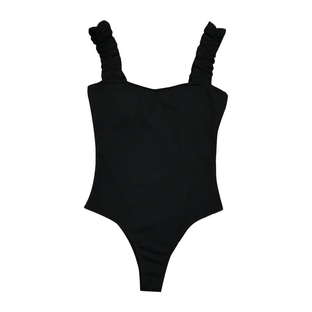 Women's One Piece Swimsuit Solid Color Ruffled Shoulder Straps Padded Chest Soft Fabric Wire-Free Beachwear Bathing Suit